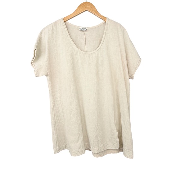 Oh My Gauze! Tops - Oh My Gauze Tunic Top Womens 2 L-XL Beige Cotton Short Sleeve Scoop Neck